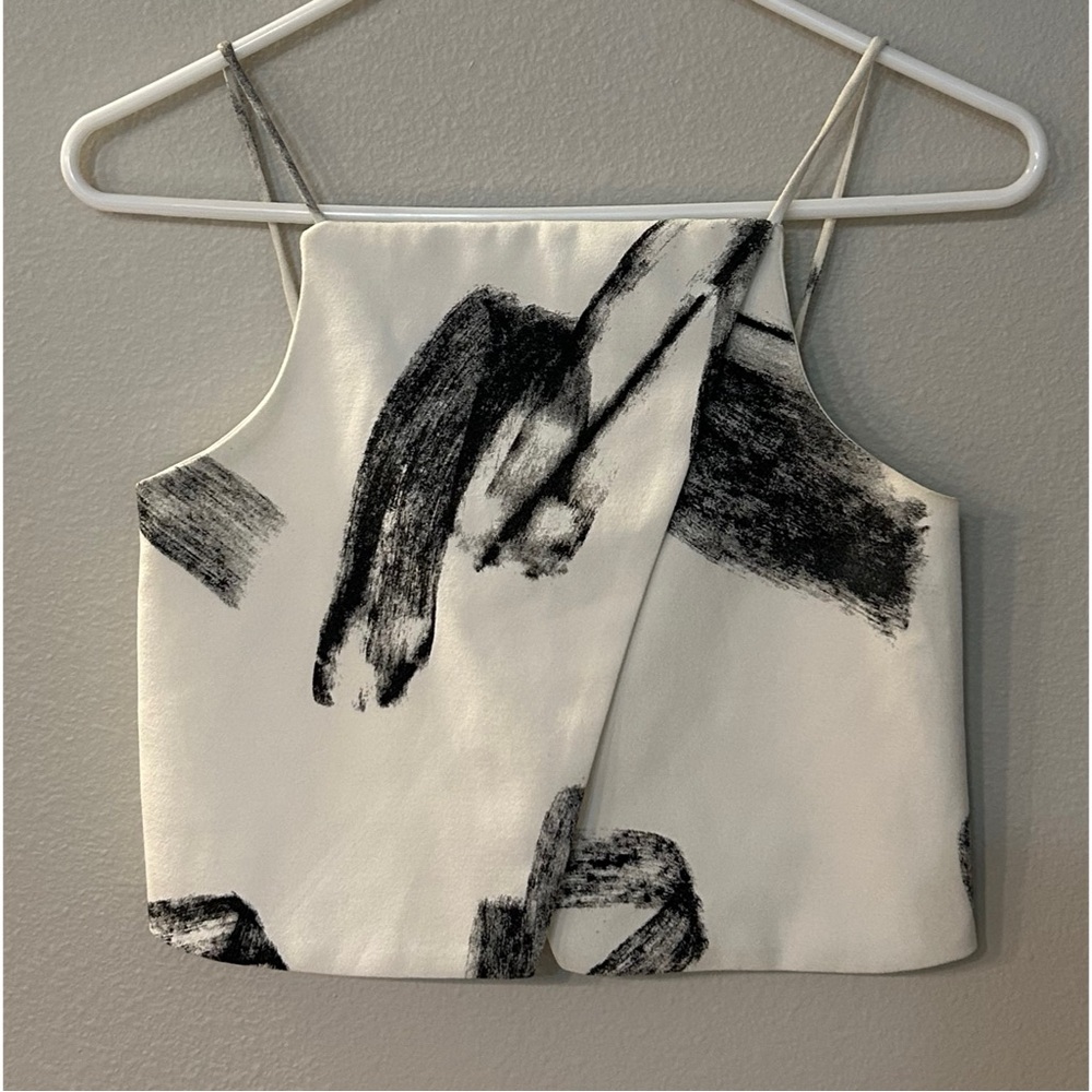 KEEPSAKE the Label White Crop Top with Black Brushstroke Print